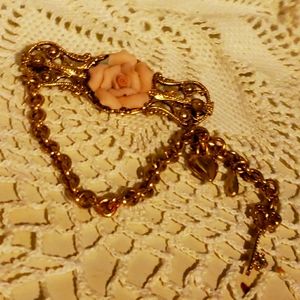 Adorable vintage rose pin with heart & key charms